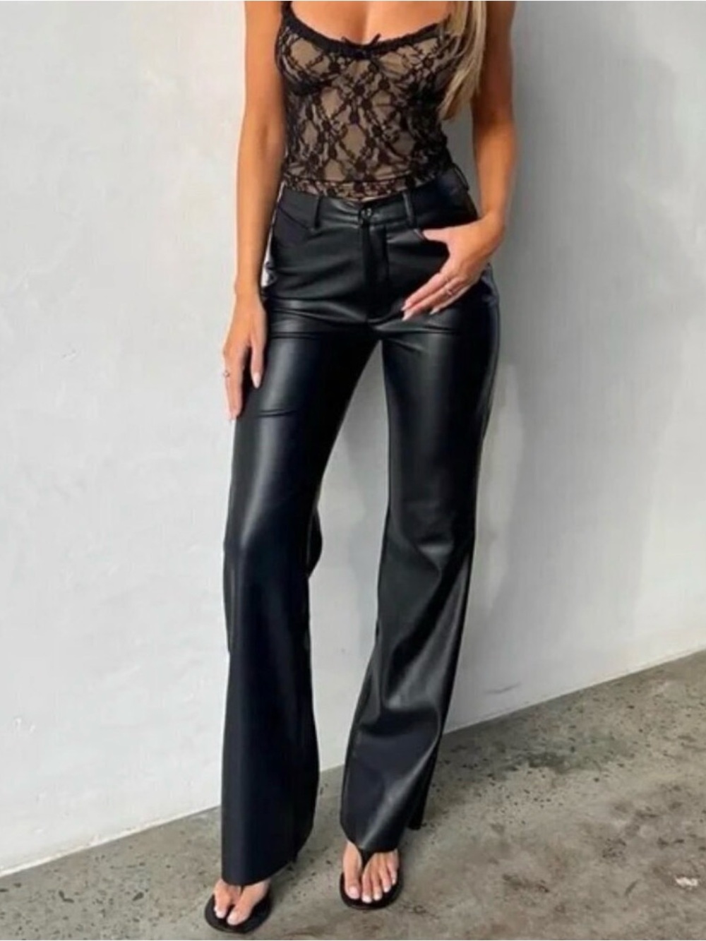 Tiger Mist Black Faux Leather Wide Leg Pants
